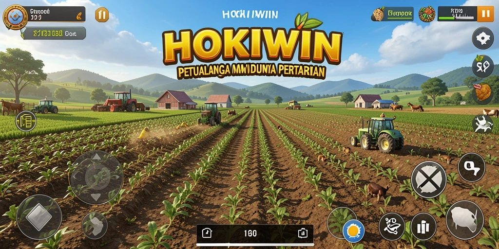 Screenshot HOKIWIN menampilkan kebun subur dan aktivitas bertani yang ceria.