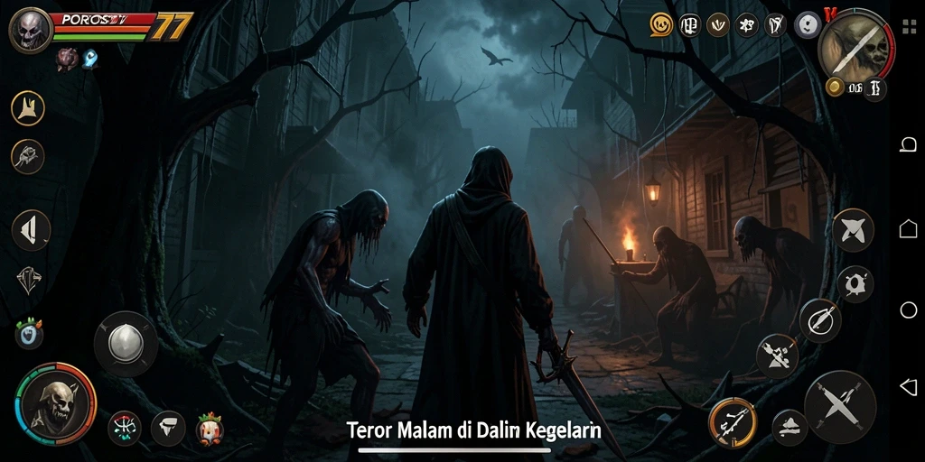 Screenshot gameplay POROS77 menampilkan suasana menyeramkan dan mencekam.